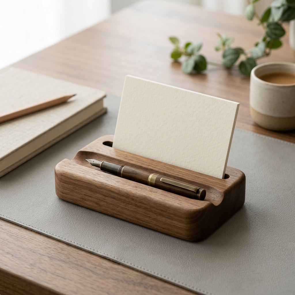 BAVNELORA™ Wooden Pen Rest & Memo Holder - Minimal Desk Pen Stand, Business Card Holder & Small Note Display for Office and Home