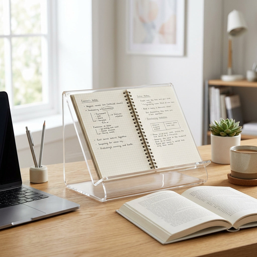 BAVNELORA™ Minimal Acrylic Book & Document Stand - Clear Desktop Reading Holder for Notes, Recipes, Study, Work & Reference Pages