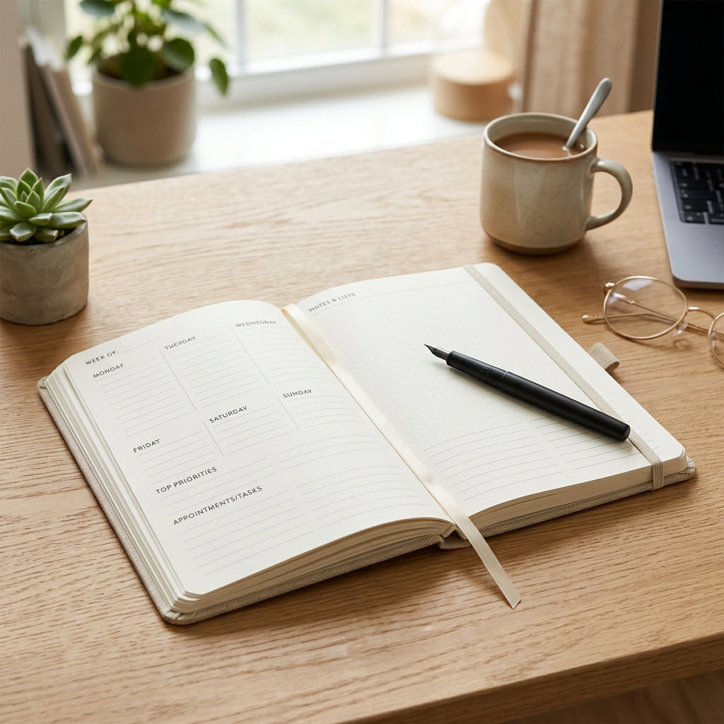 𝑩𝑨𝑽𝑵𝑬𝑳𝑶𝑹𝑨™ Linen Hardcover Daily Planner Notebook - Undated Weekly Agenda, Minimalist Productivity Journal, A5 Work & Study Organizer