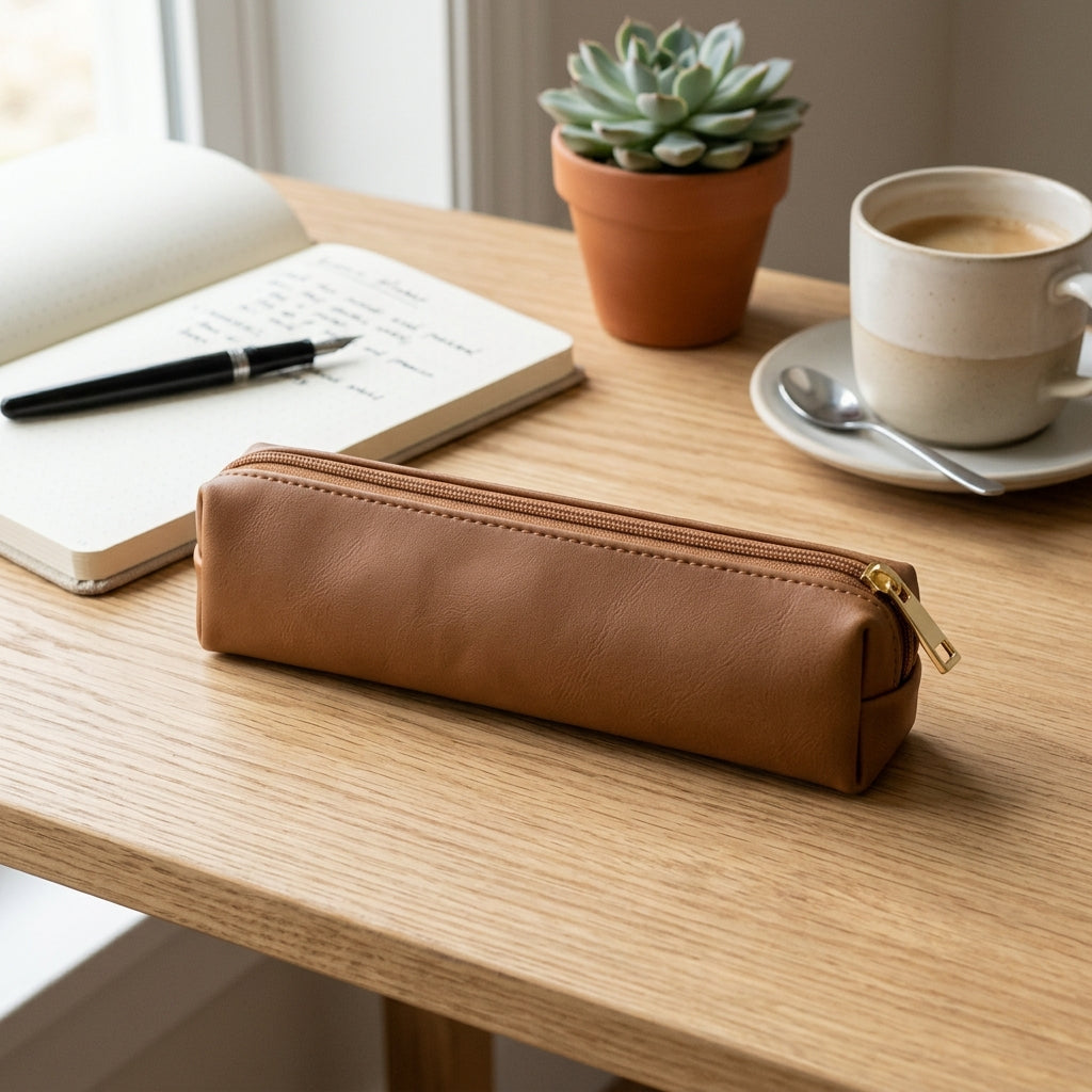 Aurexona Soft Vegan Leather Pencil Case - Minimal Zipper Pen Pouch, Slim Office, School & Travel Stationery Organizer